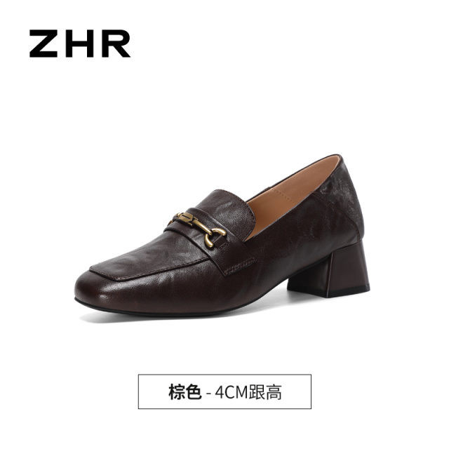 13785053.【ZHR则则】粗跟乐福鞋方头套脚金属扣女鞋[头层羊皮]