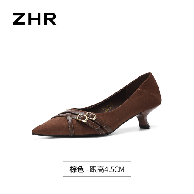 13785025.【ZHR则则】高跟单鞋尖头套脚细跟女鞋[绒布+PU]