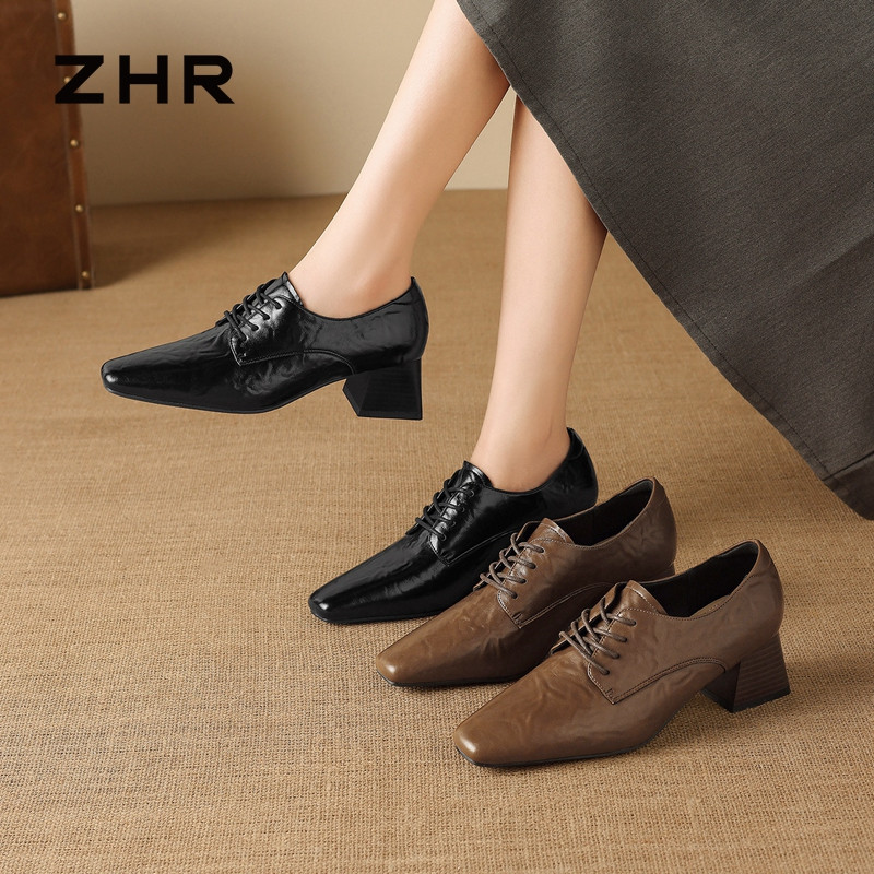 13785011.【ZHR则则】深口单鞋尖头系带粗跟女鞋[羊剖层移膜革]