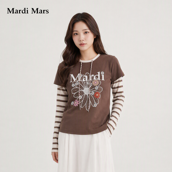 13785527.Mardi.Mars潮牌女士纯棉卫衣雏菊印花假两件条纹袖宽松休闲上衣