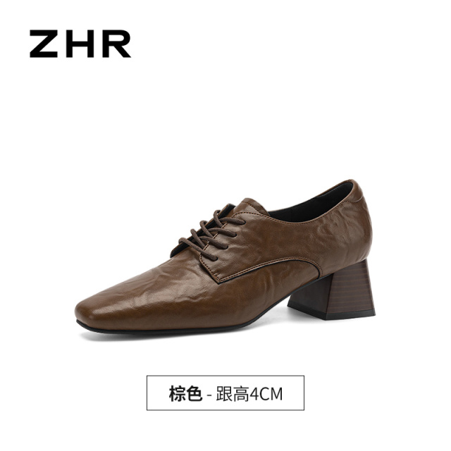 13785011.【ZHR则则】深口单鞋尖头系带粗跟女鞋[羊剖层移膜革]
