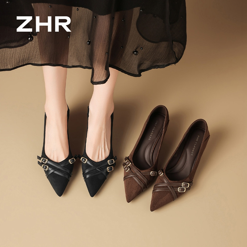 13785025.【ZHR则则】高跟单鞋尖头套脚细跟女鞋[绒布+PU]