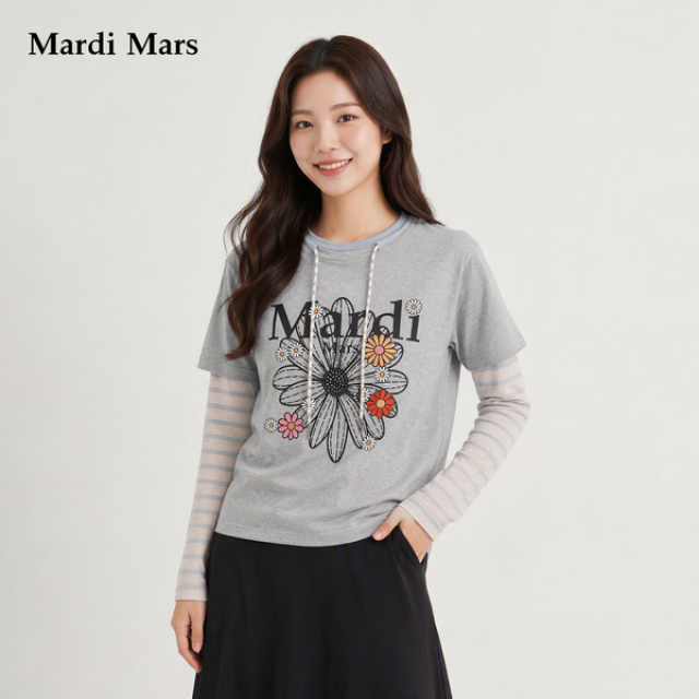 13785527.Mardi.Mars潮牌女士纯棉卫衣雏菊印花假两件条纹袖宽松休闲上衣
