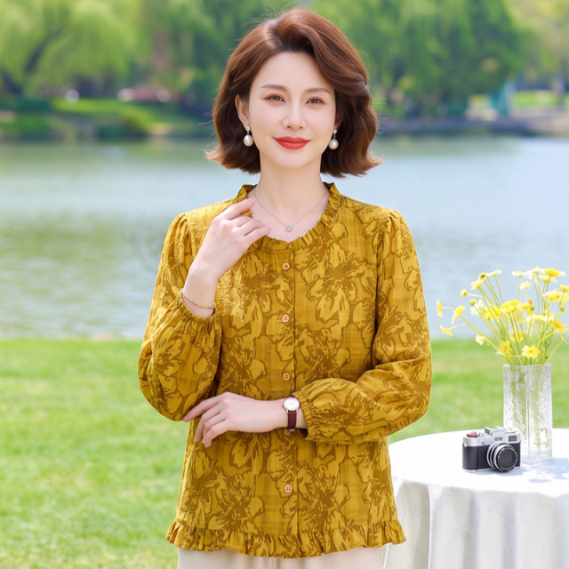 13785511.妈妈装花边领提花长袖时尚衬衫B8HMZX3661