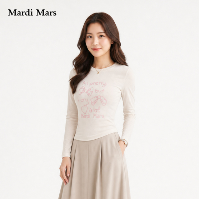 13785190.Mardi.Mars女士莱赛尔长袖T恤亲肤透气蝴蝶结字母印花针织打底衫