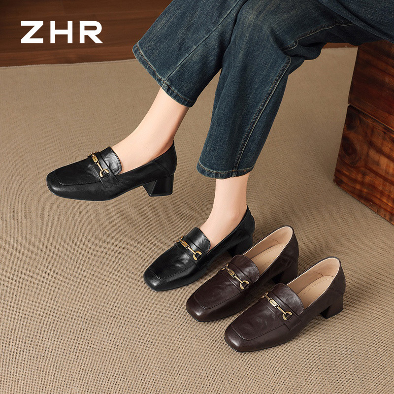13785053.【ZHR则则】粗跟乐福鞋方头套脚金属扣女鞋[头层羊皮]
