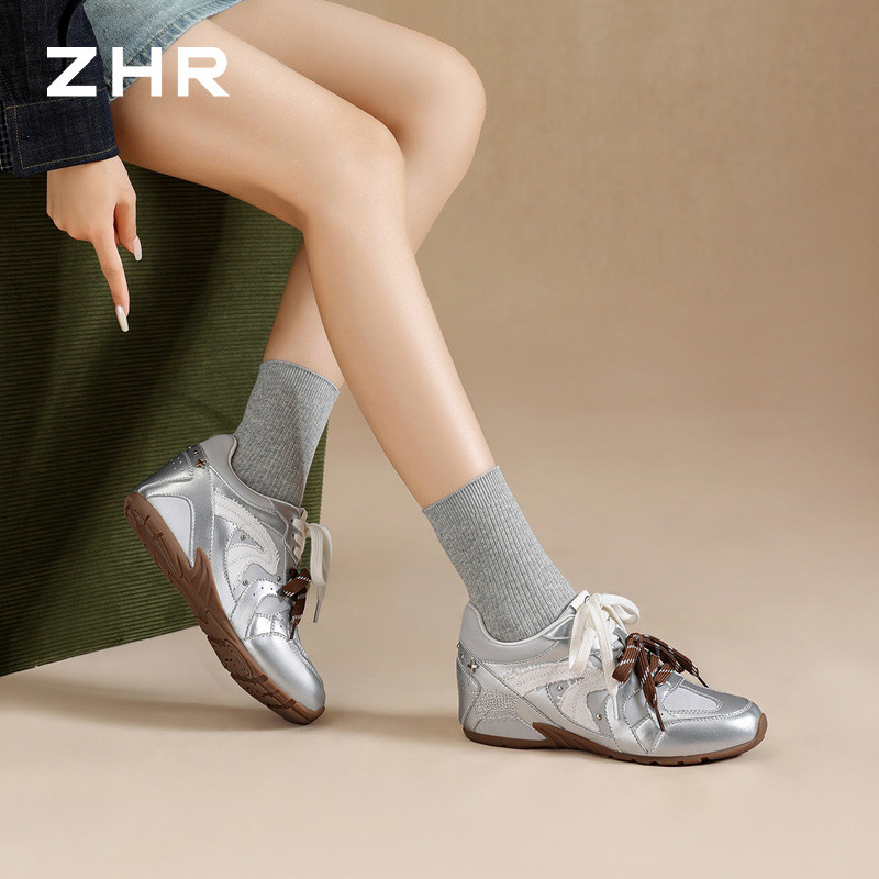 13785013.【ZHR则则】薄底德训鞋圆头系带内增高女鞋[头层猪皮+雨伞布]