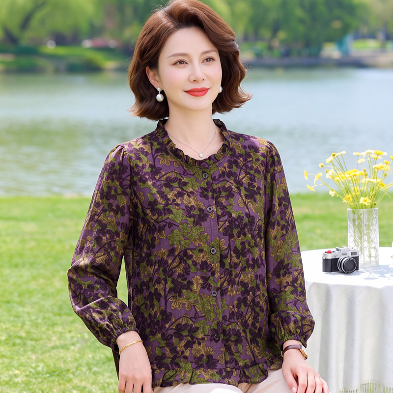 13785510.妈妈装花边领提花长袖时尚衬衫B8HMZX3662