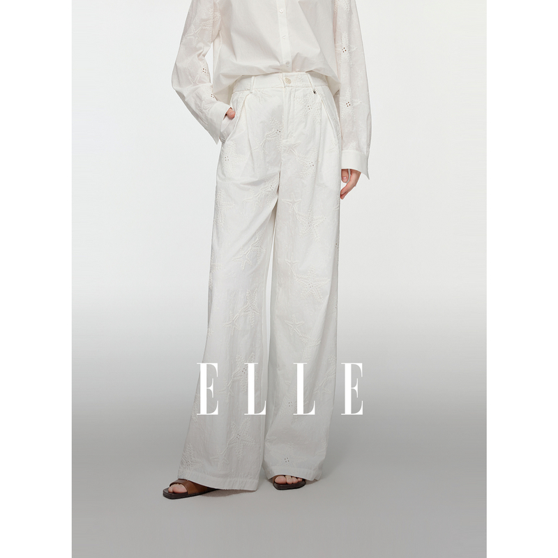 13786006.ELLE纯色绣花高腰女式休闲裤法式优雅风阔腿长裤