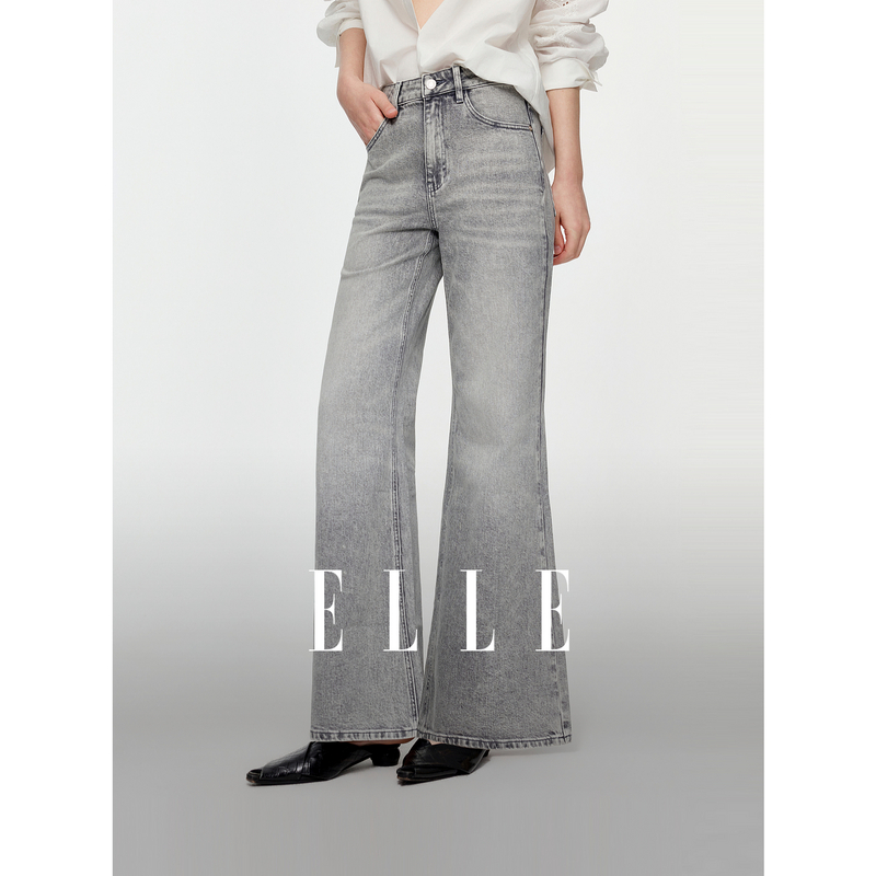13785986.ELLE复古做旧水洗牛仔裤女摩登休闲风高腰显瘦微喇裤