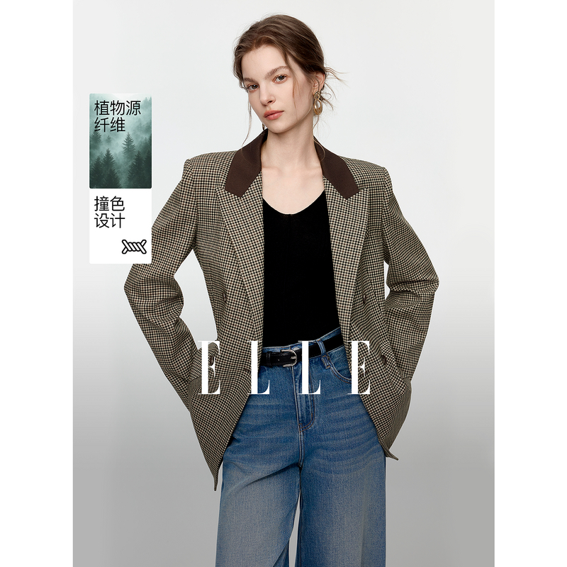 13785979.ELLE复古英伦格纹女式西服都市通勤风正肩西装外套