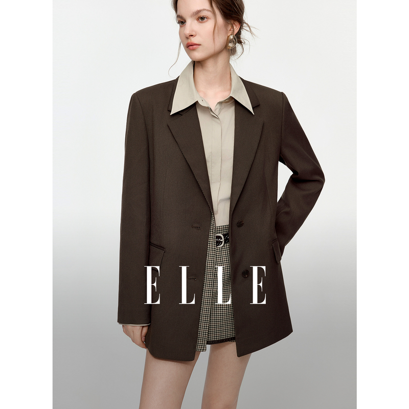 13785980.ELLE格纹拼接正肩女式西服摩登通勤风西装外套