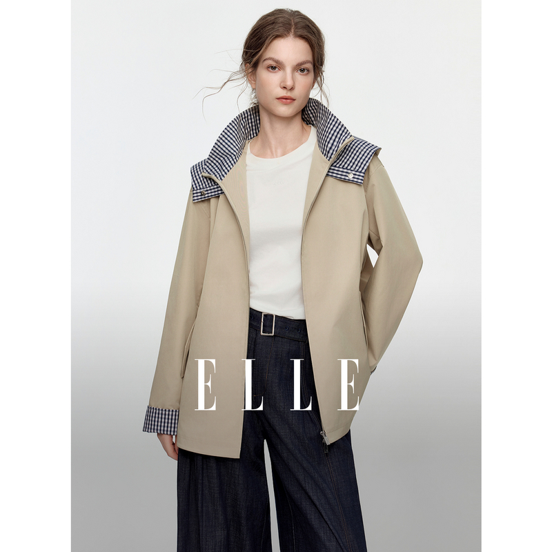13785973.ELLE撞色格纹连帽女式风衣摩登休闲风宽松上衣外套