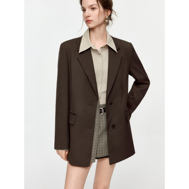 13785980.ELLE格纹拼接正肩女式西服摩登通勤风西装外套