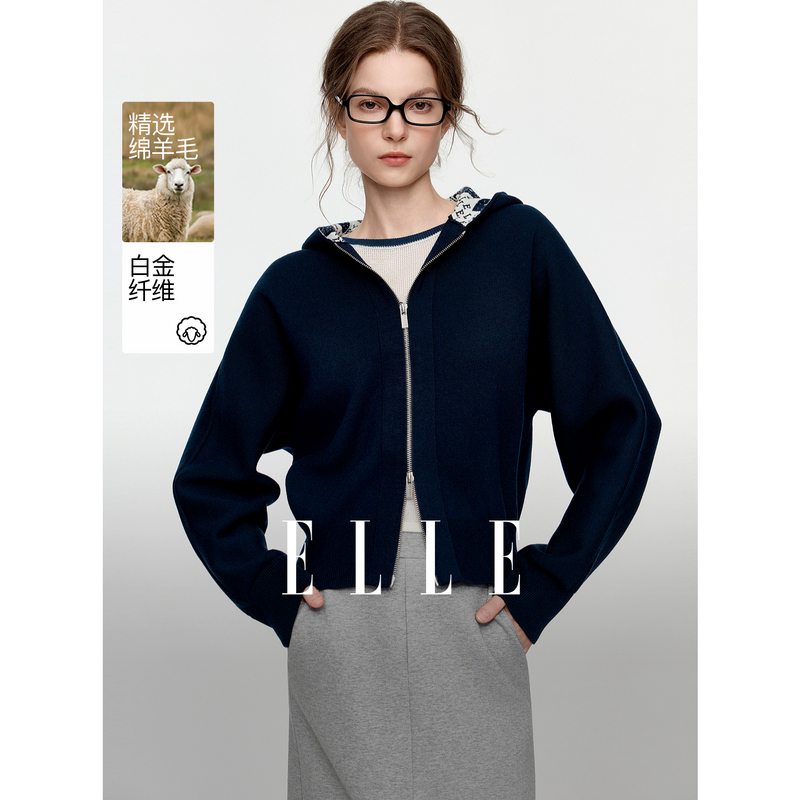 13786008.ELLE绵羊毛连帽女式针织衫都市休闲风蝙蝠袖毛衣上衣