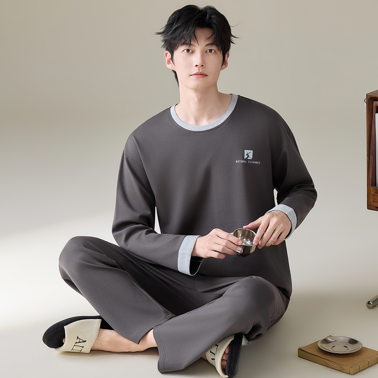 13789995.猫人男士纯棉睡衣春秋款长袖套头条纹套装家居服可外穿