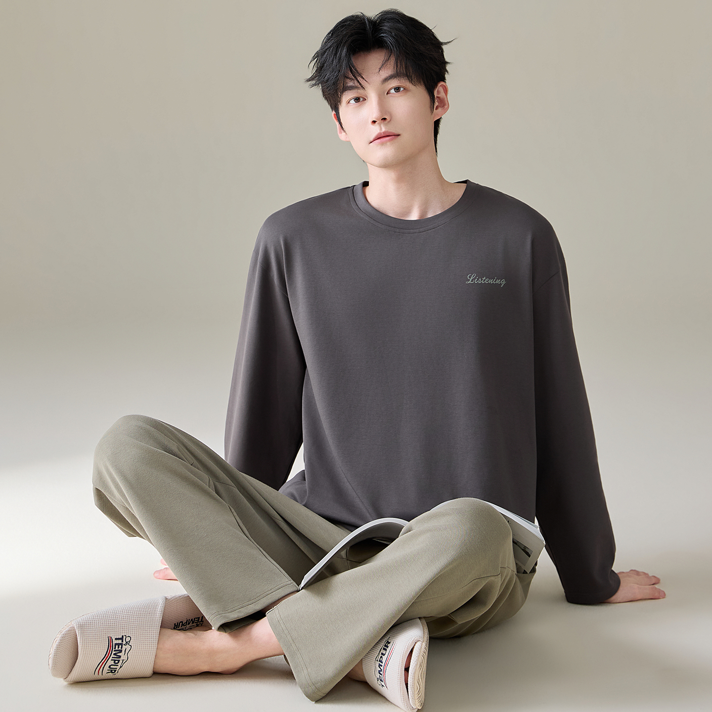 13789681.猫人纯棉男士睡衣套头宽松春秋季长袖家居服套装可外穿