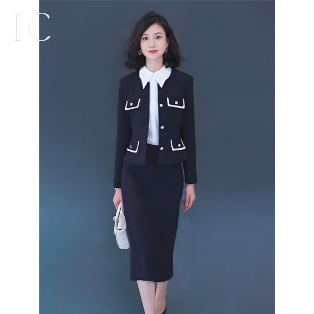 13789903.拼接外套开叉半裙套装