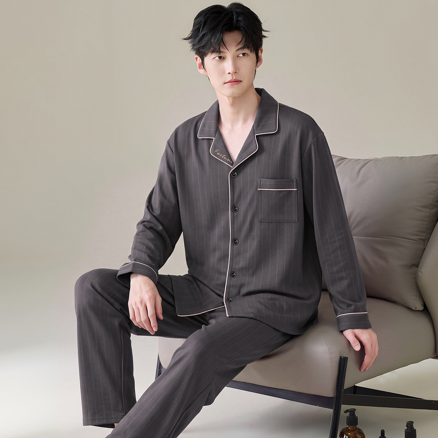 13788950.猫人睡衣男士春秋款纯棉长袖男款秋季薄款开衫大码秋冬家居服套装