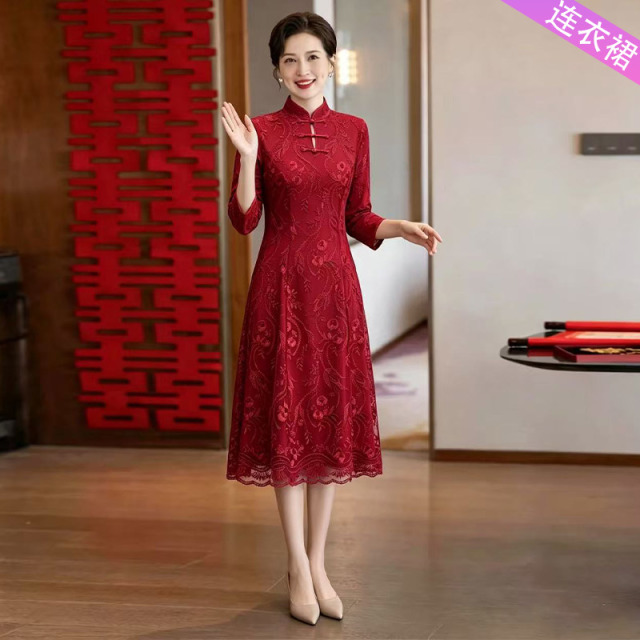 13790371.妈妈装中式国风蕾丝刺绣时尚礼服喜庆连衣裙J8HRL9504