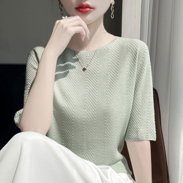 13790042.丹芙娅高级感显瘦五分袖圆领打底衫女气质配西装百搭薄针织T恤洋气小衫