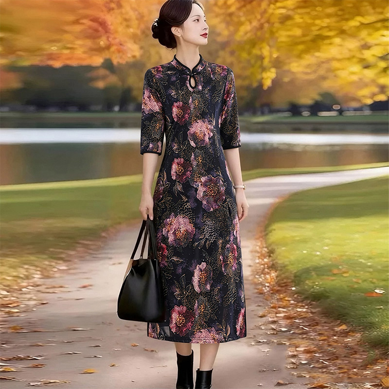 13790372.妈妈装中式国风印花旗袍领优雅连衣裙J8HYY8618