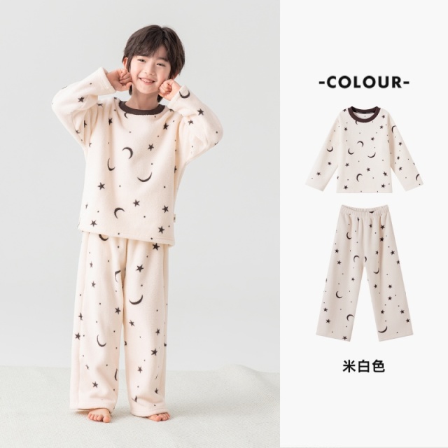 13789127.【暖暖泡芙绒】男童睡衣套装秋冬款星月满印儿童居家服宽松两件套