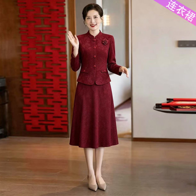 13790349.妈妈装中式拼接假两件时尚喜庆礼服连衣裙J8HRL9398