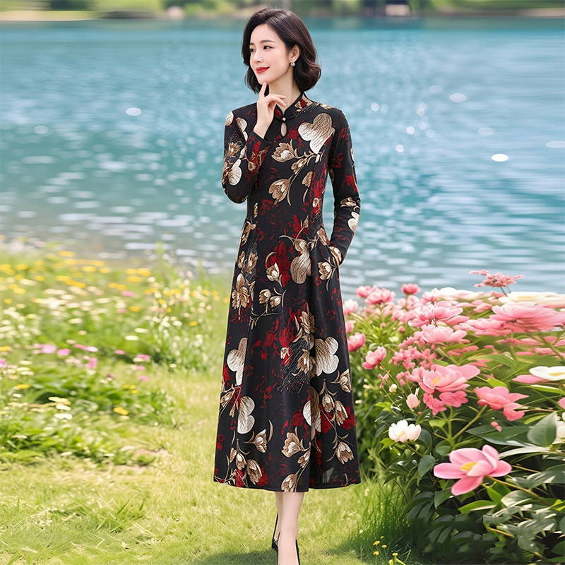 13790392.妈妈装中式国风印花旗袍领优雅连衣裙J8HYY8619