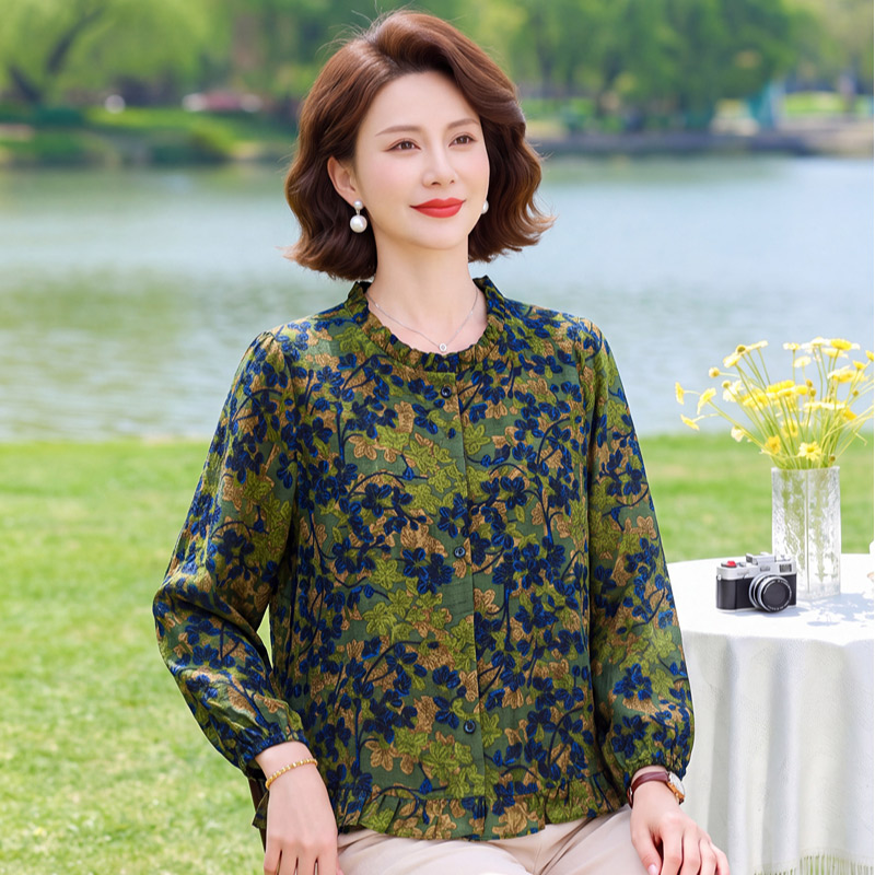 13790342.妈妈装花边领提花长袖时尚衬衫J8HMZX3662
