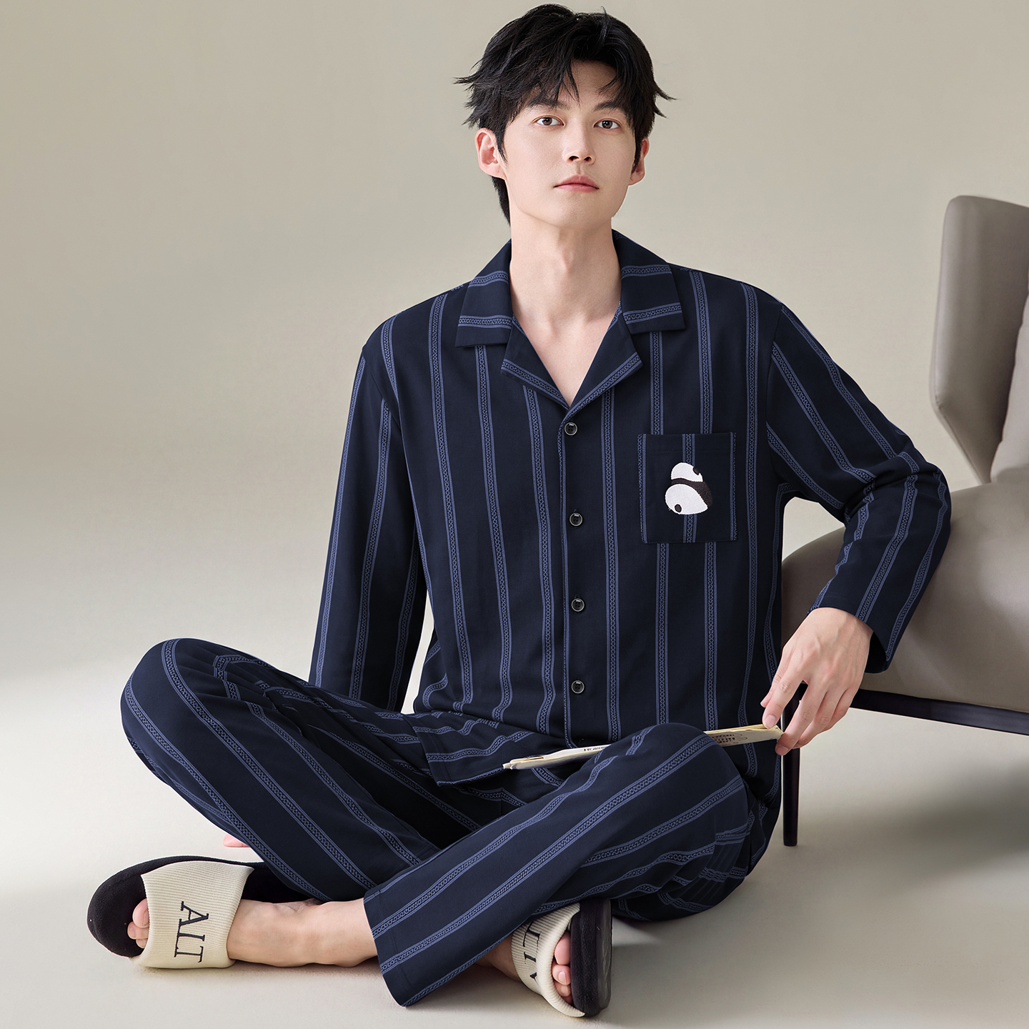 13789105.猫人男士睡衣纯棉秋冬季长袖开衫翻领简约风家居服套装
