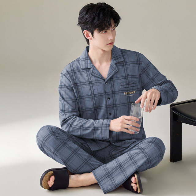 13788887.猫人男士睡衣春秋季纯棉长袖长裤开衫翻领宽松大码男生家居服套装