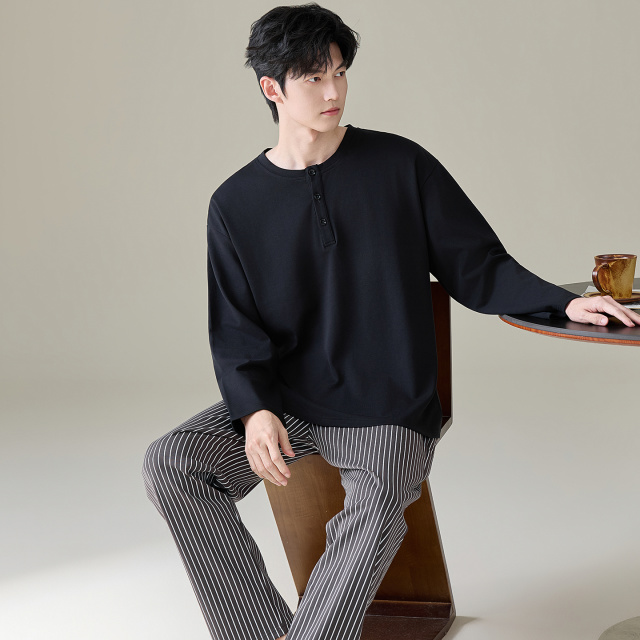 13788780.猫人睡衣男款春秋季纯棉长袖长裤休闲简约全棉家居服套装