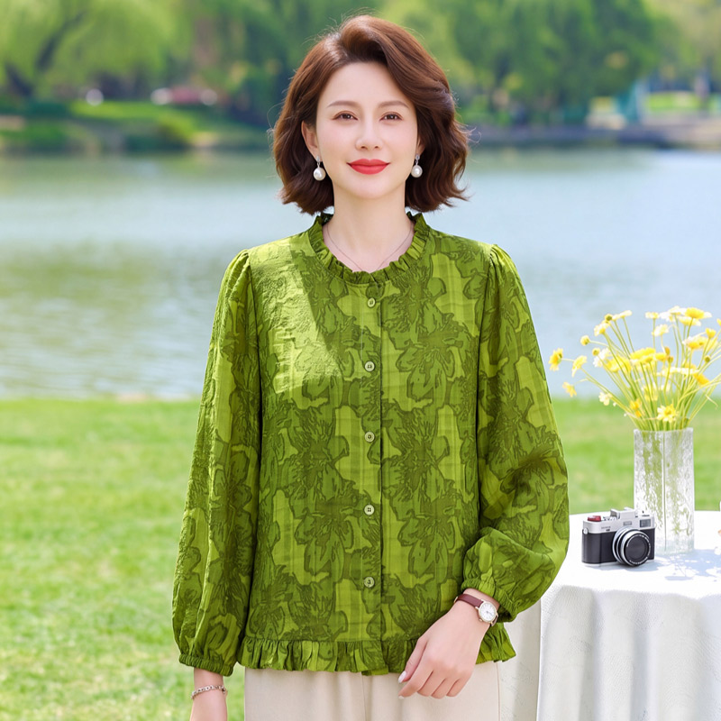 13790356.妈妈装花边领提花长袖时尚衬衫J8HMZX3661