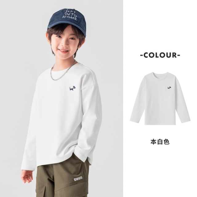 13789144.男童长袖T恤春秋装弹力抓绒小狗刺绣宽松落肩内搭中大童打底上衣