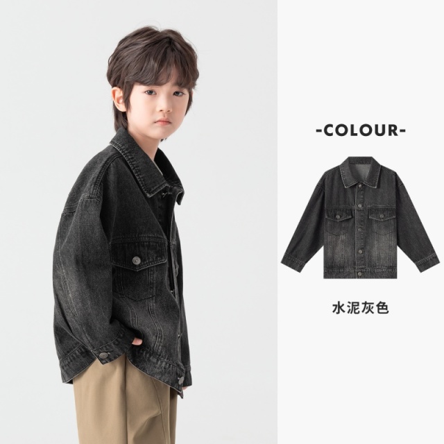 13789131.男童牛仔外套春秋潮装做旧渐变工装复古夹克儿童翻领休闲时髦上衣