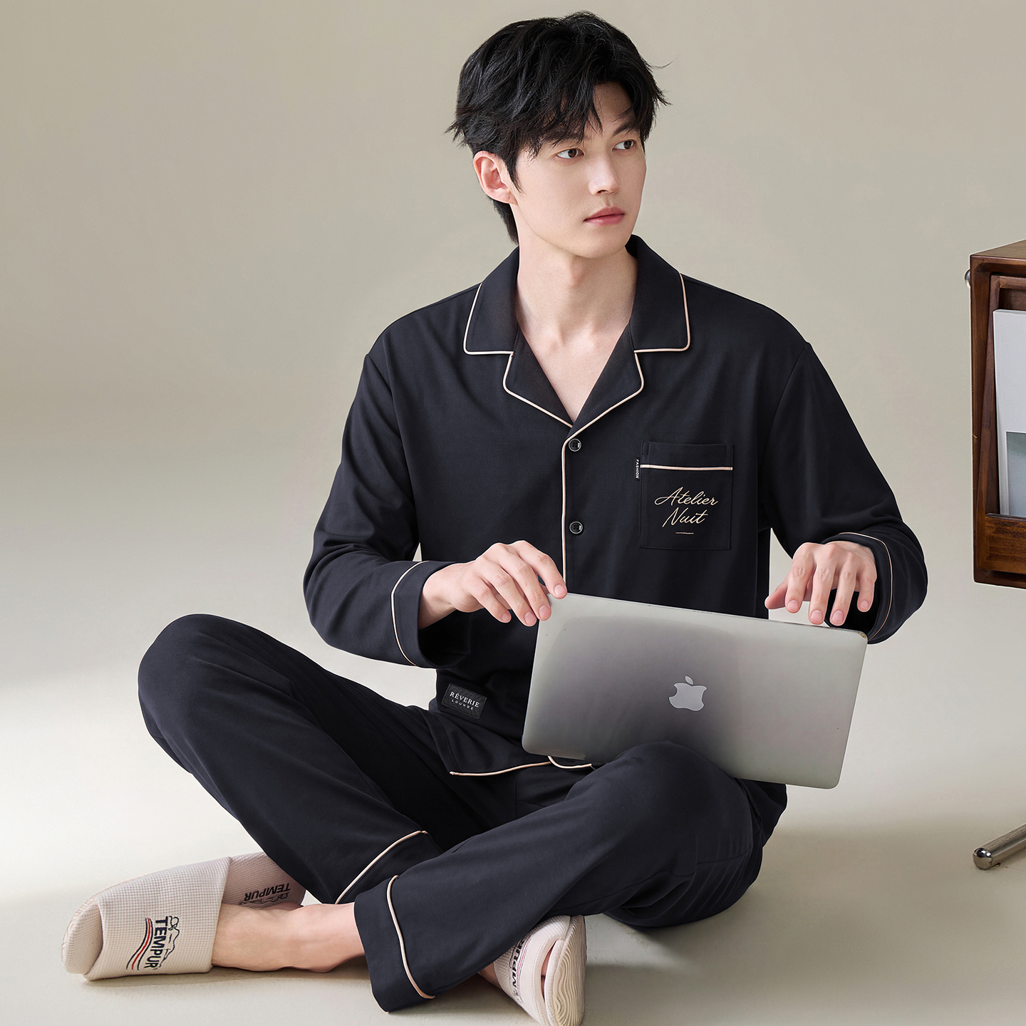 13790061.猫人纯棉男士睡衣男款春秋季天长袖可外穿家居服套装秋天