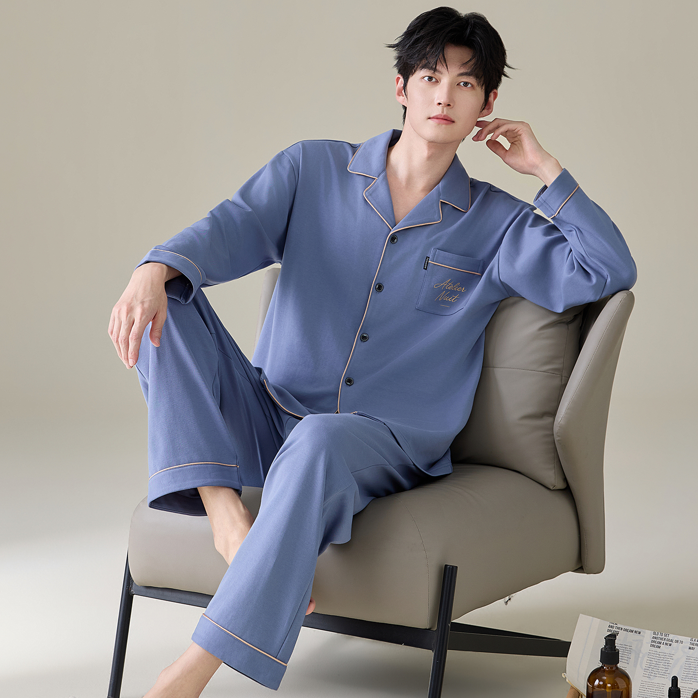 13790078.猫人100%纯棉睡衣男士家居服套装春秋简约长袖可外穿开衫
