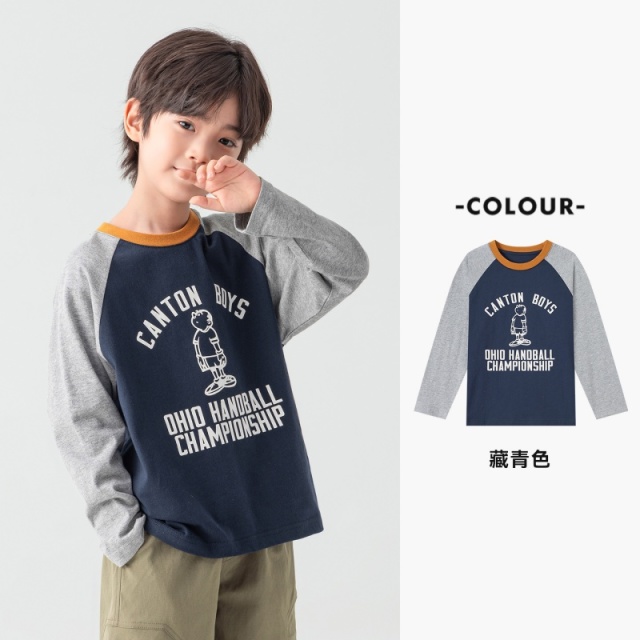 13789136.男童T恤春秋款撞色字母印花圆领插肩衫儿童简约帅气柔软百搭上衣