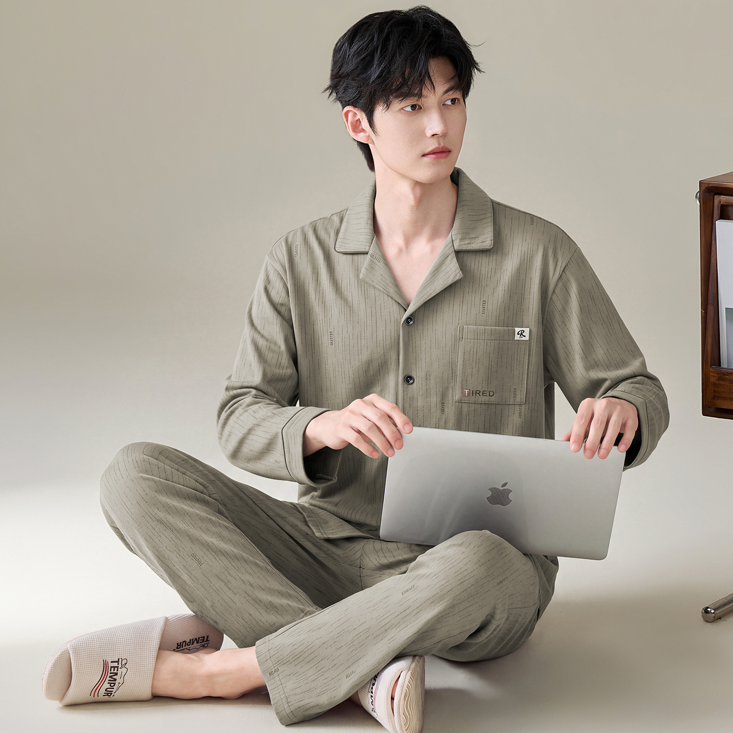13789172.猫人男士睡衣纯棉秋冬季长袖长裤开衫简约风青少年男款家居服套装