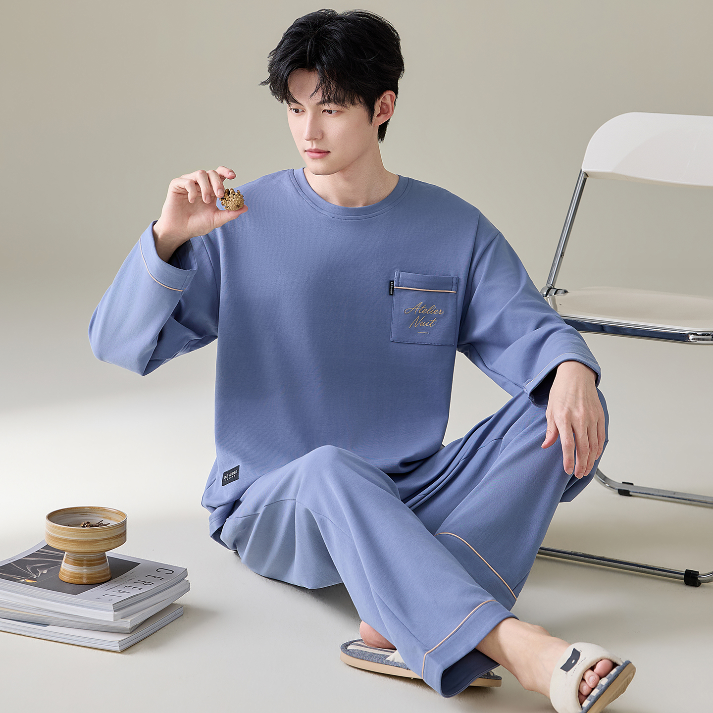 13789841.猫人男士纯棉长袖睡衣春秋休闲可外穿大码宽松家居服套装
