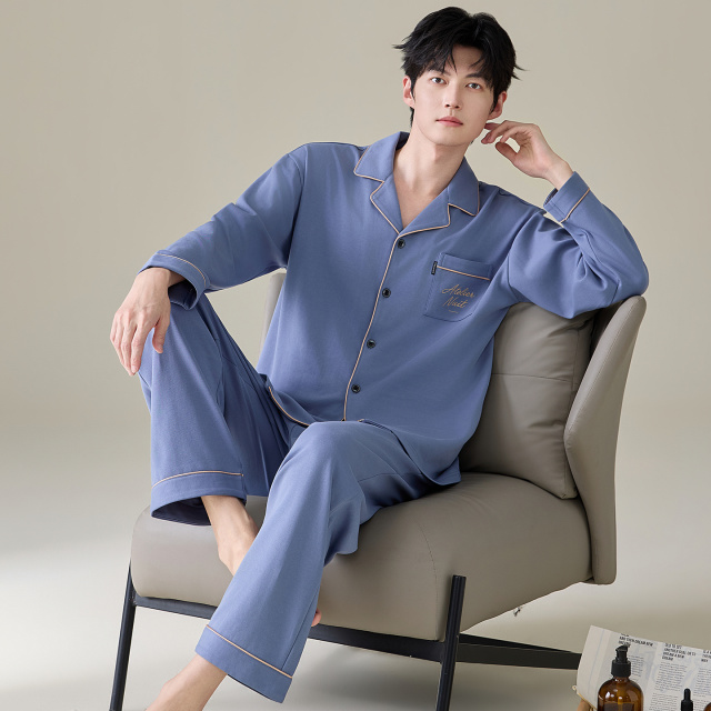 13790078.猫人100%纯棉睡衣男士家居服套装春秋简约长袖可外穿开衫