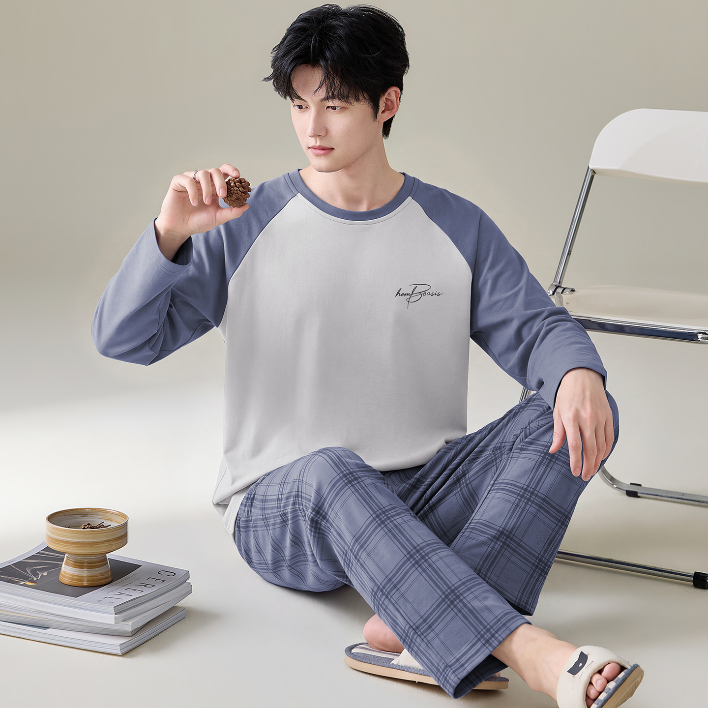 13788843.猫人纯棉男士睡衣秋春款长袖套头圆领休闲大码家居服套装