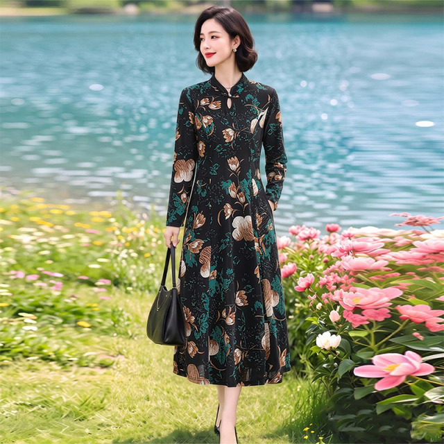 13790392.妈妈装中式国风印花旗袍领优雅连衣裙J8HYY8619