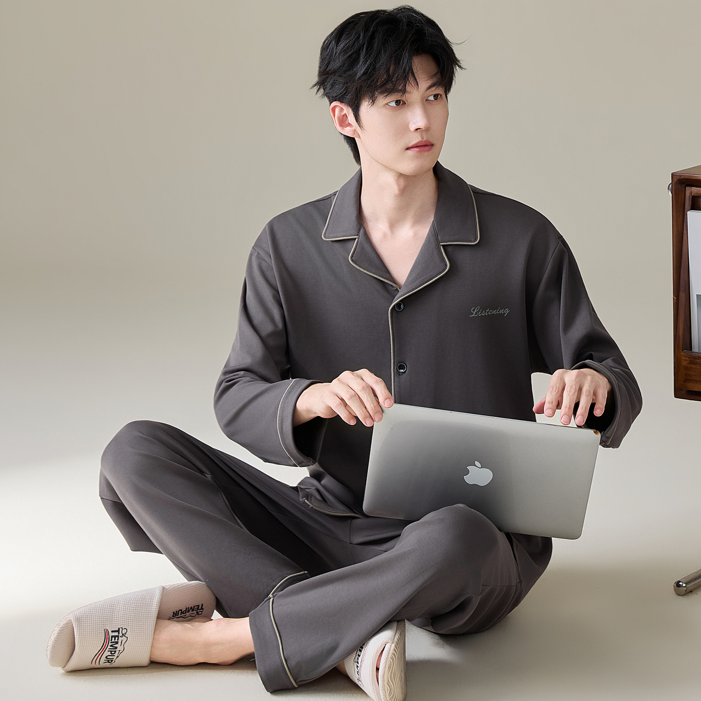 13790188.猫人100%纯棉睡衣男士家居服套装长袖可外穿开衫春秋季
