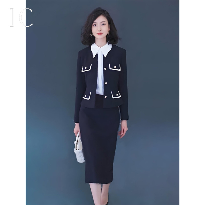13789903.拼接外套开叉半裙套装