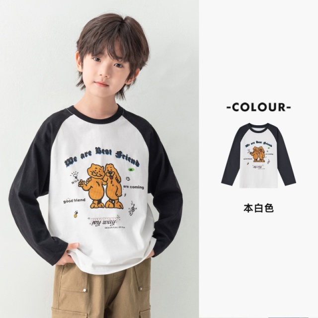 13789141.男童长袖T恤春秋百搭撞色插肩袖猫狗卡通印花中大童宽松休闲上衣