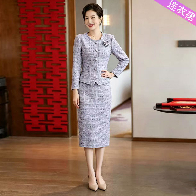 13790387.妈妈装中式假两件圆领小香风礼服连衣裙J8HRL9377