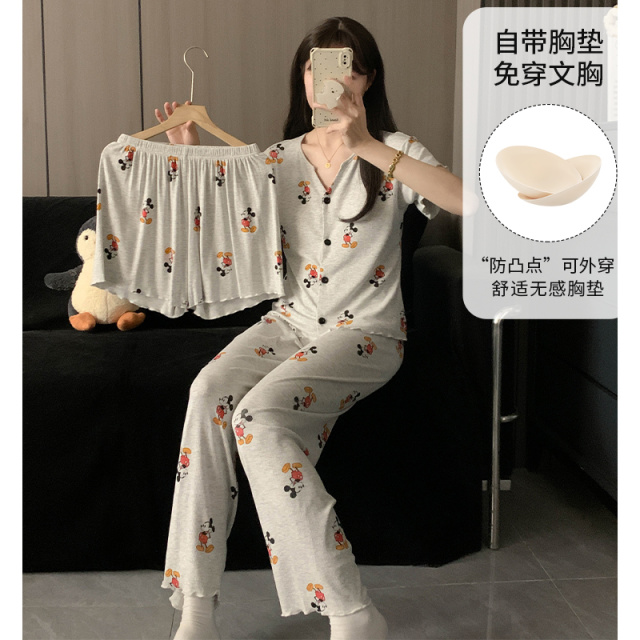 13792351.派邦奴秋季自带杯垫女士时尚开衫纽扣设计三件套睡衣套装ck