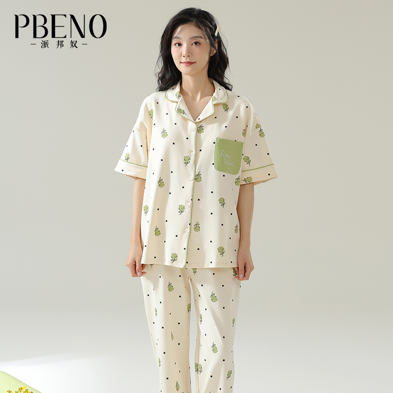 13792342.派邦奴夏秋季清爽小清新满印图案纯棉开衫翻领女士睡衣套装ck